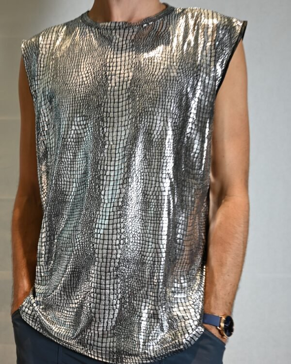 Animal_Silver_Fabric BYND Wear Silver Python Tank Top with metallic reptile texture