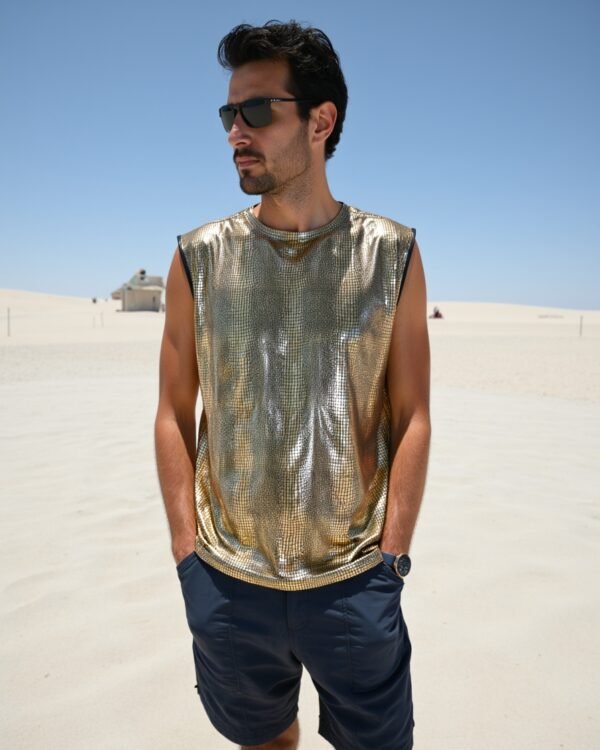 BYND Wear Gold Python Tank Top with metallic gold reptile texture