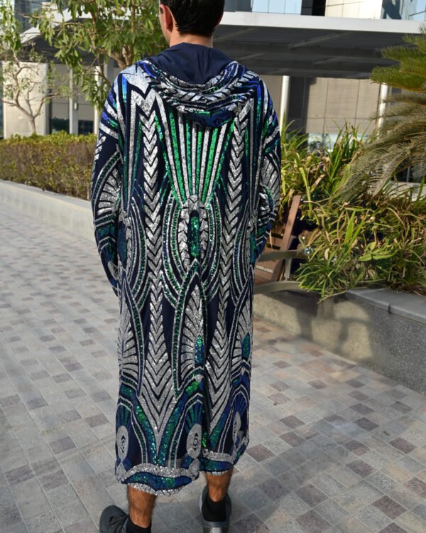 Azte_Green_Back_Real Aztec Green Shimmer Kimono with hood, emerald green blue and silver sequin festival robe by Byndwear