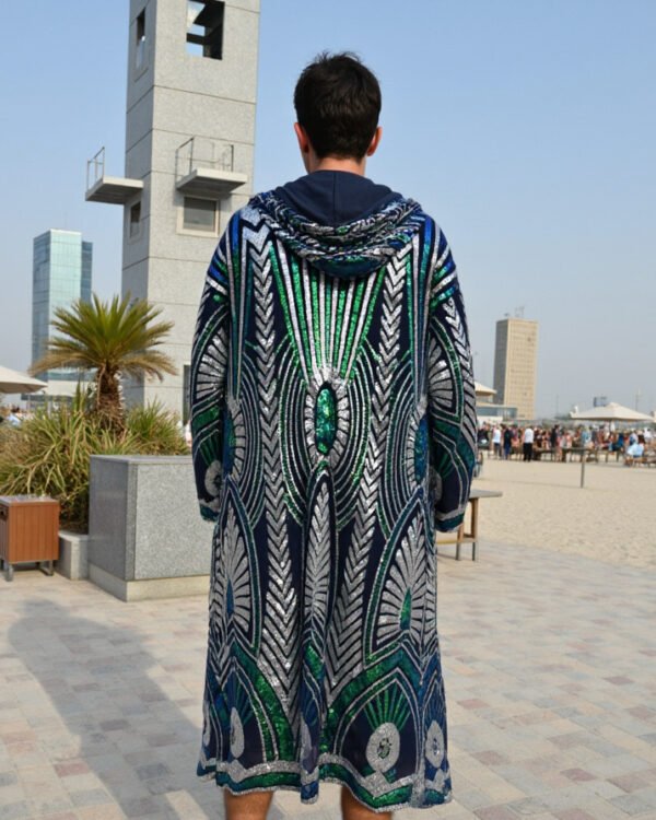 Aztec_Green_Back Aztec Green Shimmer Kimono with hood, emerald green blue and silver sequin festival robe by Byndwear