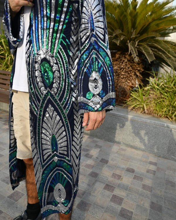 Aztec_Green_Close Aztec Green Shimmer Kimono with hood, emerald green blue and silver sequin festival robe by Byndwear