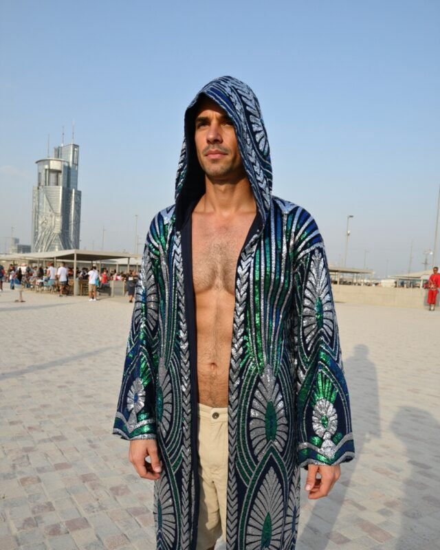Aztec Green Shimmer Kimono with hood, emerald green blue and silver sequin festival robe by Byndwear