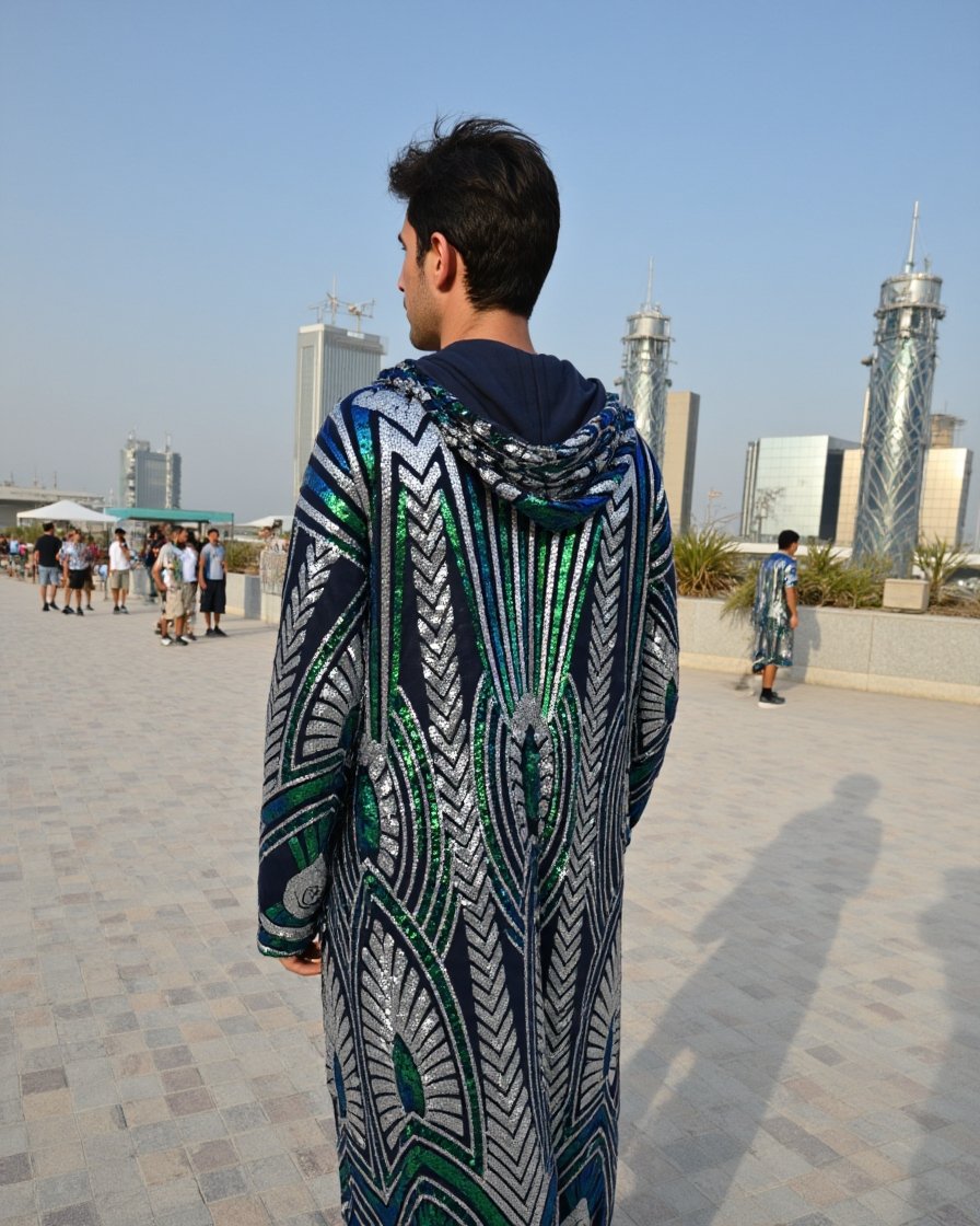 Aztec_Green_Side Aztec Green Shimmer Kimono with hood, emerald green blue and silver sequin festival robe by Byndwear
