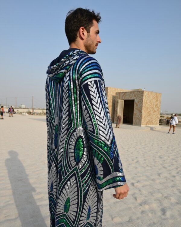 Aztec Green Shimmer Kimono with hood, emerald green blue and silver sequin festival robe by Byndwear