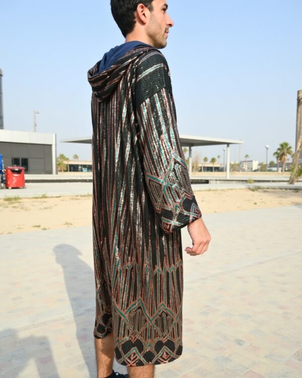 BYND Wear Emerald Bronze Shimmer Kimono with emerald green and bronze sequin Art Deco pattern