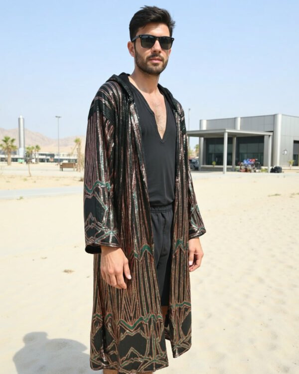 BYND Wear Emerald Bronze Shimmer Kimono with emerald green and bronze sequin Art Deco pattern