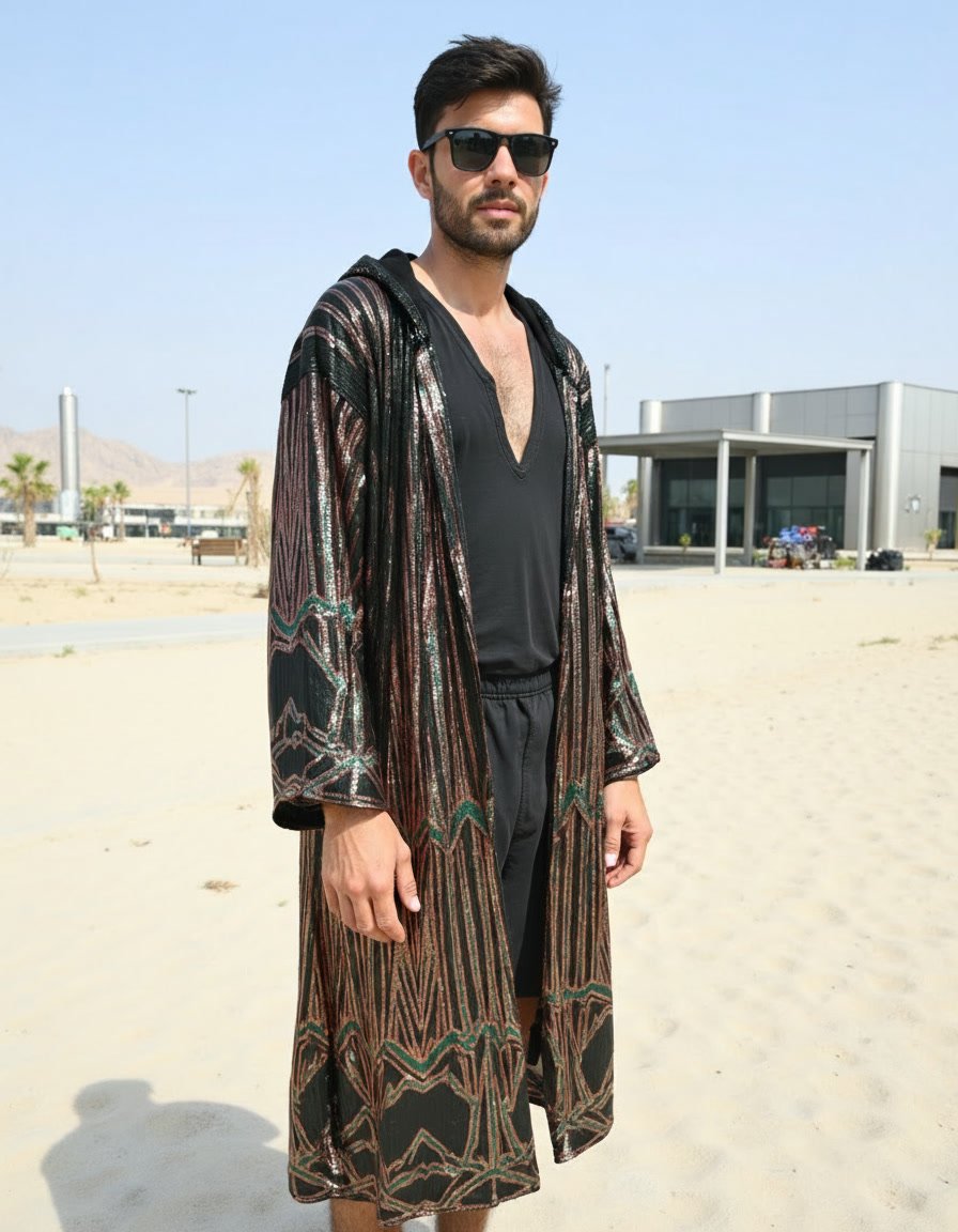 Kimono-Emerald-Bronze-2 BYND Wear Emerald Bronze Shimmer Kimono with emerald green and bronze sequin Art Deco pattern