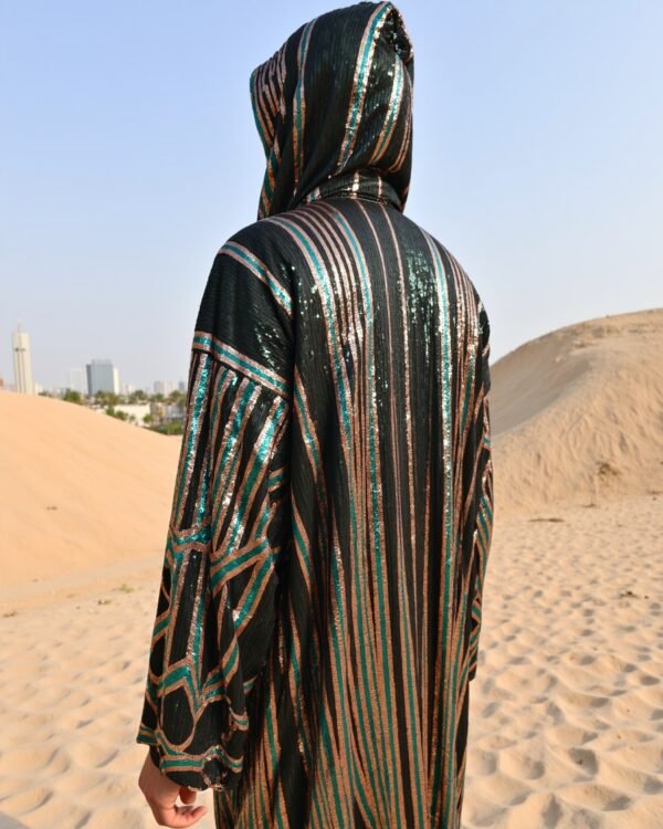 BYND Wear Emerald Bronze Shimmer Kimono with emerald green and bronze sequin Art Deco pattern