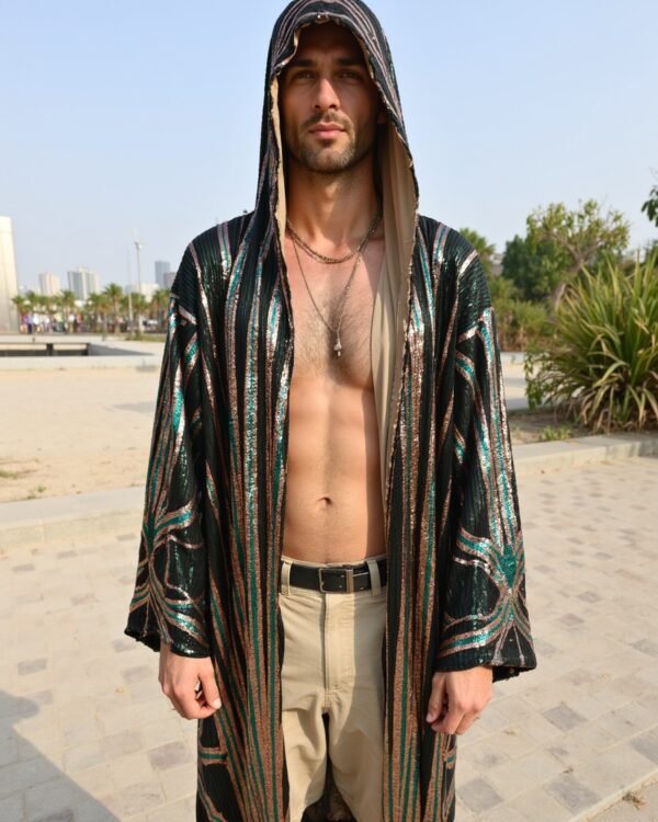 BYND Wear Emerald Bronze Shimmer Kimono with emerald green and bronze sequin Art Deco pattern