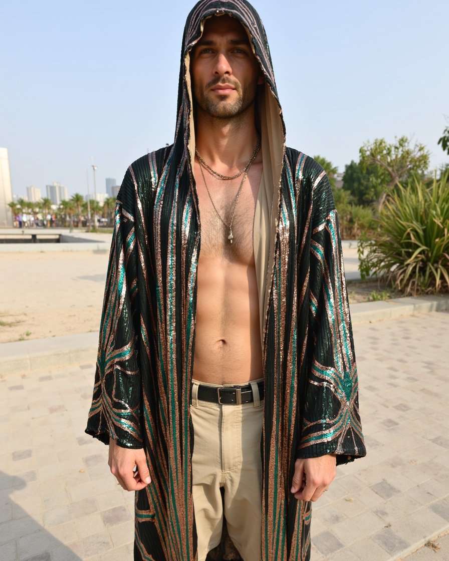 BYND Wear Emerald Bronze Shimmer Kimono with emerald green and bronze sequin Art Deco pattern