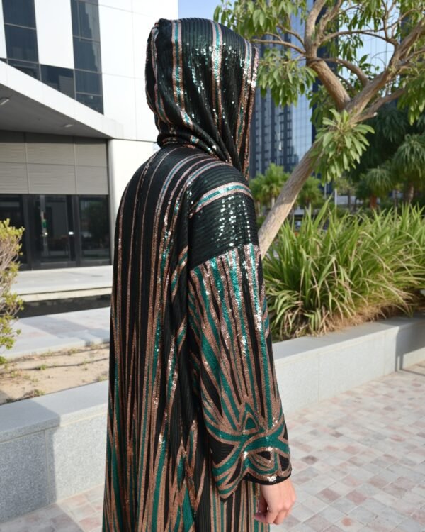 BYND Wear Emerald Bronze Shimmer Kimono with emerald green and bronze sequin Art Deco pattern