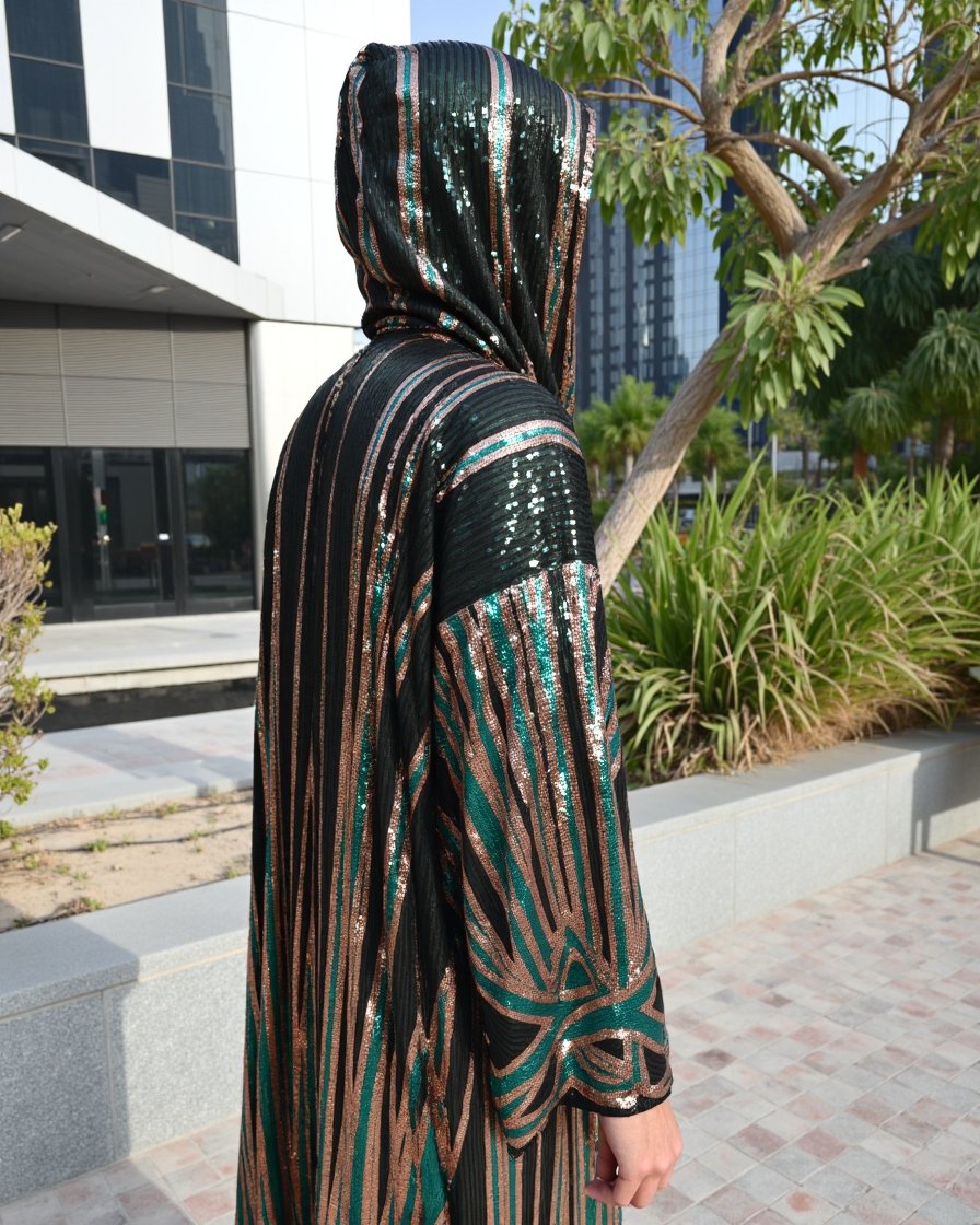 Kimono-Emerald-Bronze-5 BYND Wear Emerald Bronze Shimmer Kimono with emerald green and bronze sequin Art Deco pattern