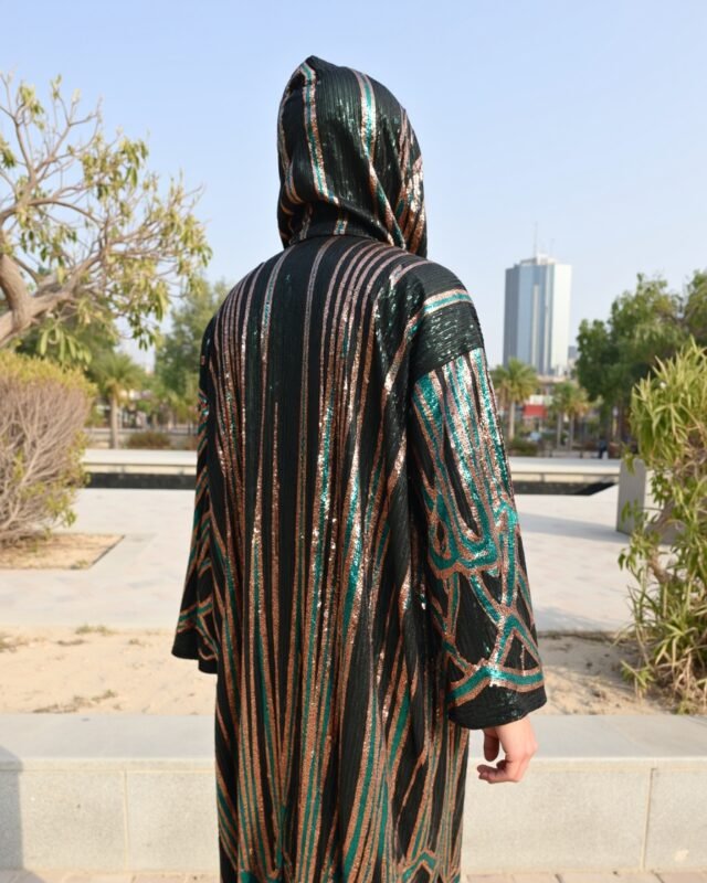 BYND Wear Emerald Bronze Shimmer Kimono with emerald green and bronze sequin Art Deco pattern