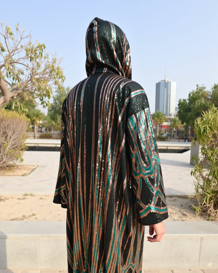 Kimono-Emerald-Bronze-6 BYND Wear Emerald Bronze Shimmer Kimono with emerald green and bronze sequin Art Deco pattern