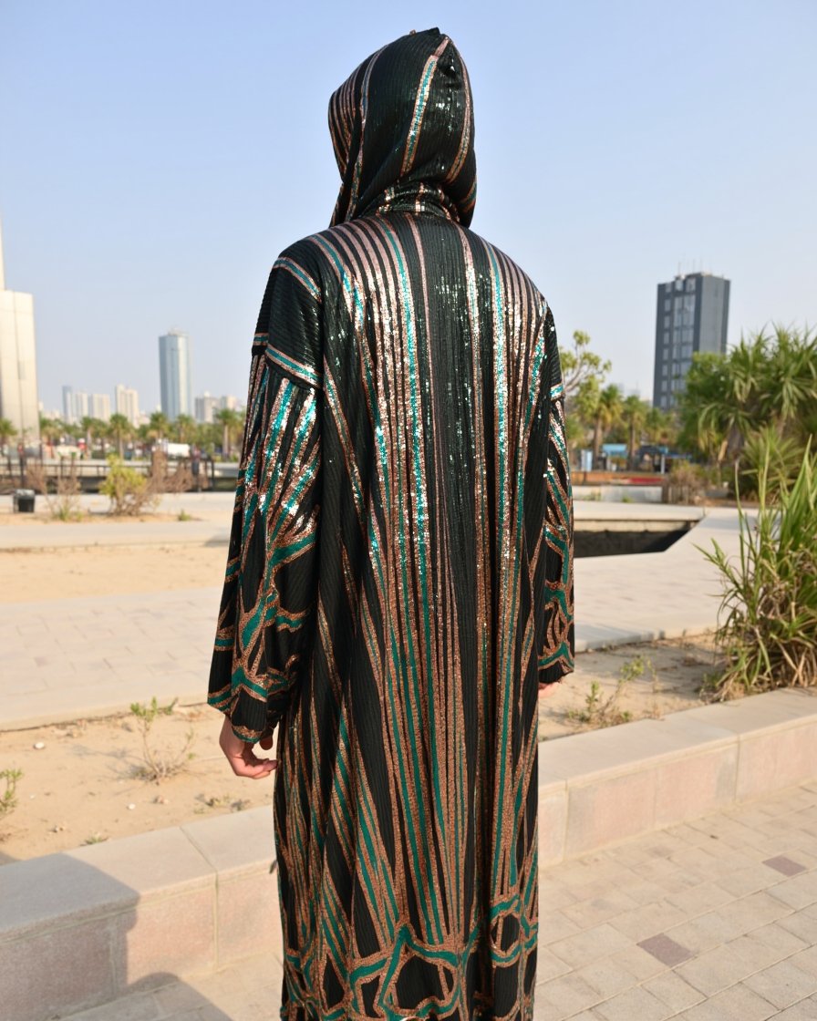 Kimono-Emerald-Bronze-8 BYND Wear Emerald Bronze Shimmer Kimono with emerald green and bronze sequin Art Deco pattern