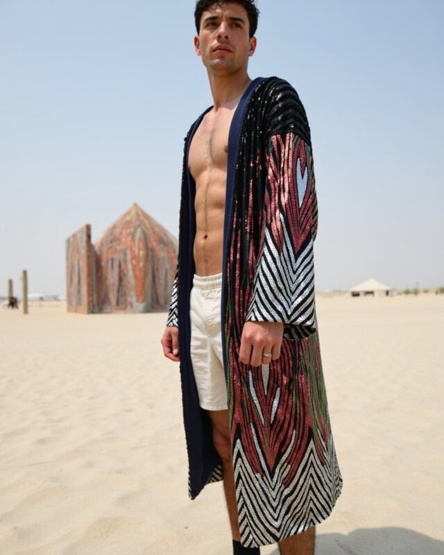 Model wearing Black Red Shimmer Hooded Kimono featuring red shimmer pattern and hood