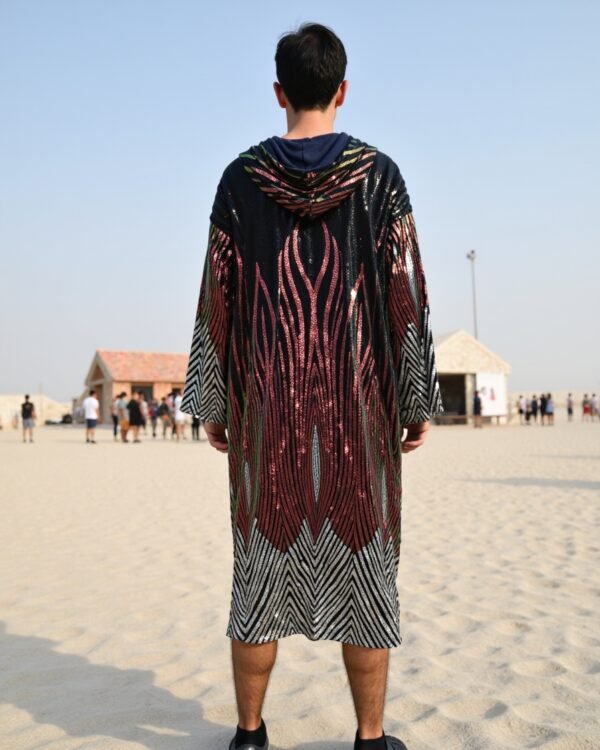 Model wearing Black Red Shimmer Hooded Kimono featuring red shimmer pattern and hood