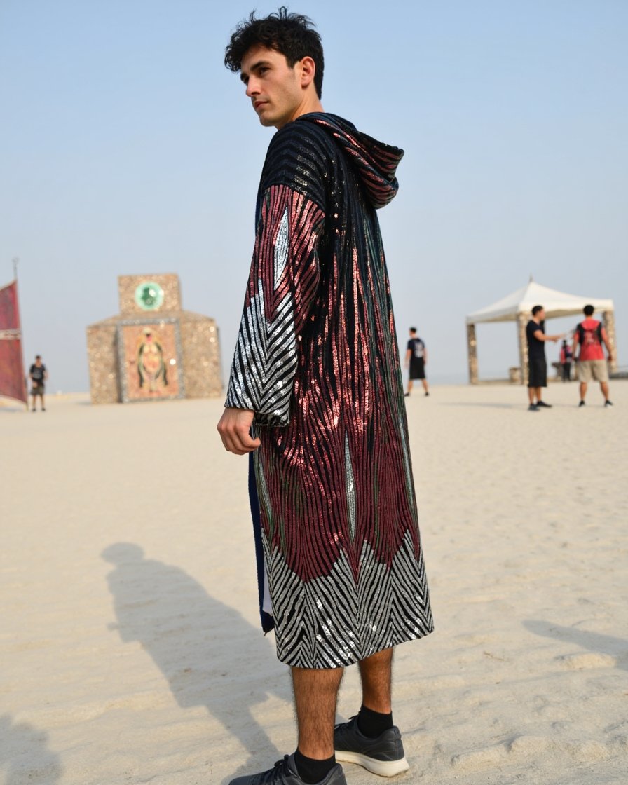 Kimono-black-red-5 Model wearing Black Red Shimmer Hooded Kimono featuring red shimmer pattern and hood