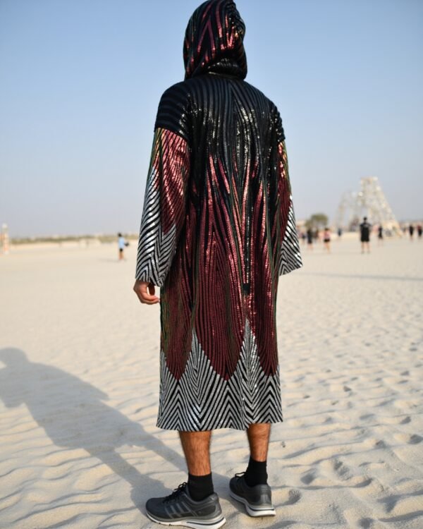 Kimono-black-red-6 Model wearing Black Red Shimmer Hooded Kimono featuring red shimmer pattern and hood