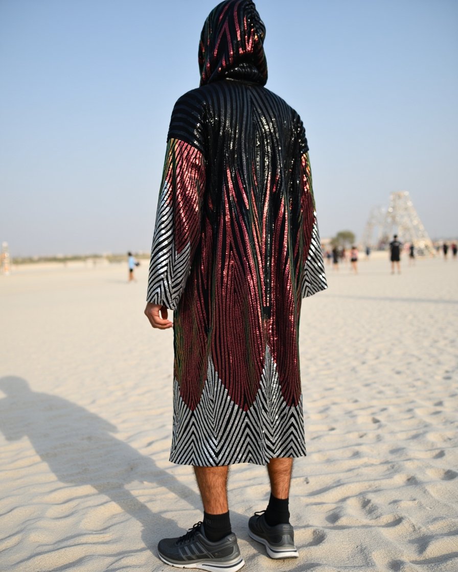 Kimono-black-red-6 Model wearing Black Red Shimmer Hooded Kimono featuring red shimmer pattern and hood
