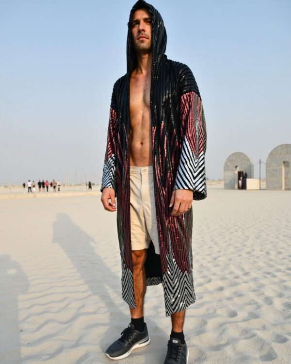 Kimono-black-red-7 Model wearing Black Red Shimmer Hooded Kimono featuring red shimmer pattern and hood