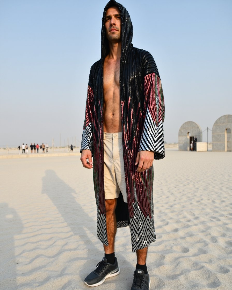 Kimono-black-red-7 Model wearing Black Red Shimmer Hooded Kimono featuring red shimmer pattern and hood