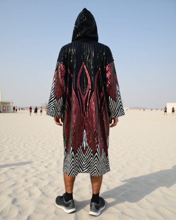 Kimono-black-red-8 Model wearing Black Red Shimmer Hooded Kimono featuring red shimmer pattern and hood