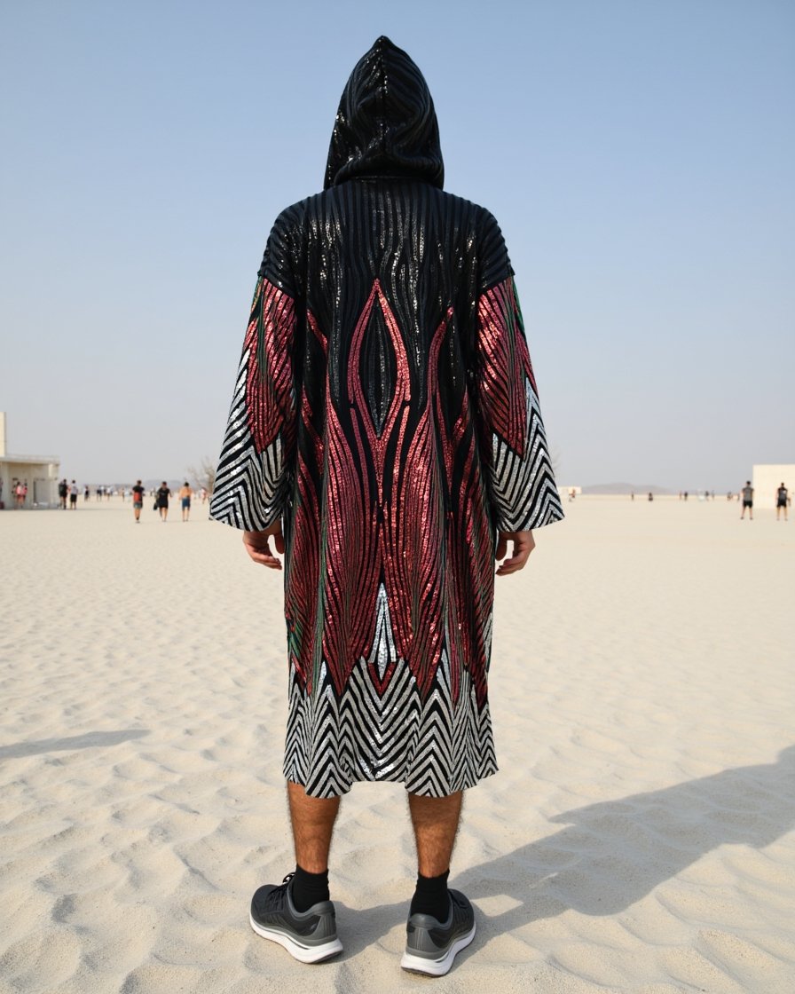 Kimono-black-red-8 Model wearing Black Red Shimmer Hooded Kimono featuring red shimmer pattern and hood