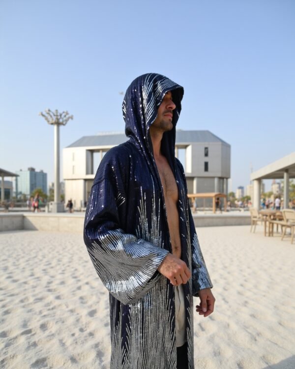 Midnight Silver Hooded Kimono with silver sequin cascade pattern by Byndwear