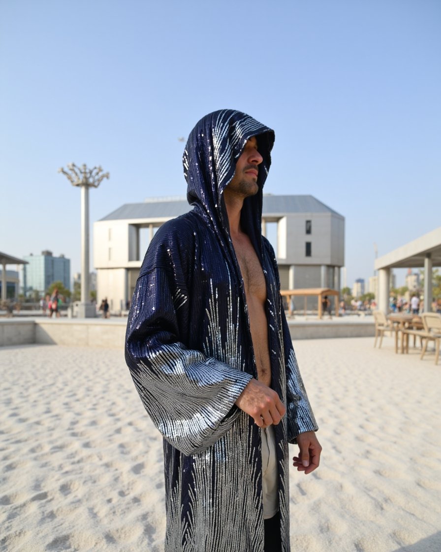 Kimono_Dark_Blue_1 Midnight Silver Hooded Kimono with silver sequin cascade pattern by Byndwear