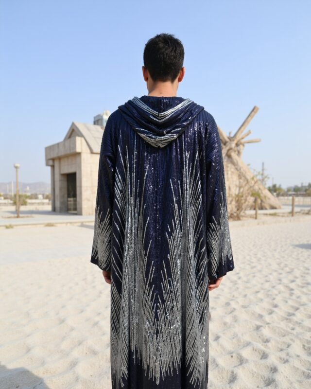 Midnight Silver Hooded Kimono with silver sequin cascade pattern by Byndwear