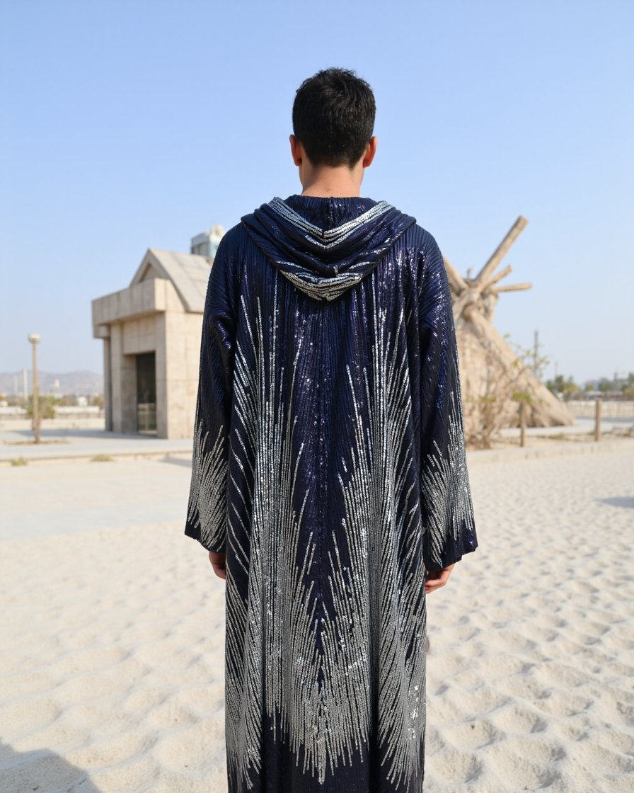 Kimono_Dark_Blue_2 Midnight Silver Hooded Kimono with silver sequin cascade pattern by Byndwear