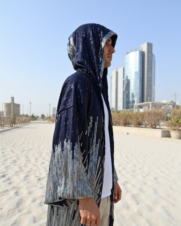 Midnight Silver Hooded Kimono with silver sequin cascade pattern by Byndwear