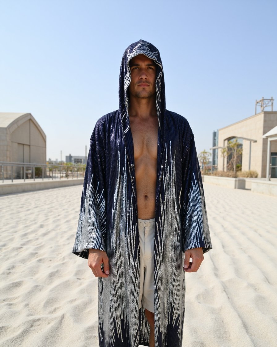 Kimono_Dark_Blue_4 Midnight Silver Hooded Kimono with silver sequin cascade pattern by Byndwear