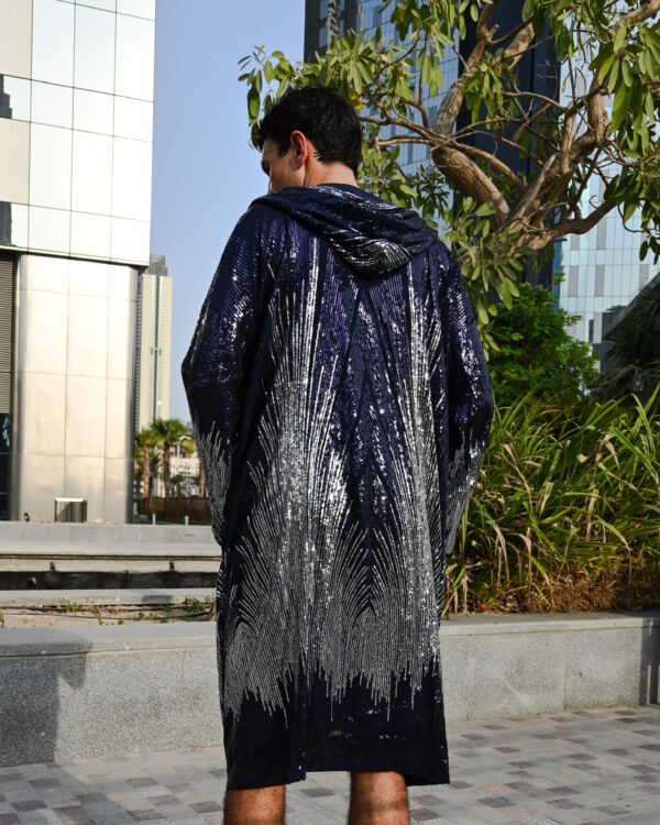 Kimono_Dark_Blue_5 Midnight Silver Hooded Kimono with silver sequin cascade pattern by Byndwear