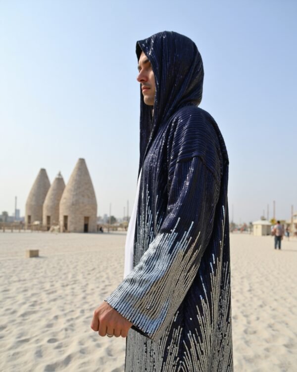 Kimono_Dark_Blue_6 Midnight Silver Hooded Kimono with silver sequin cascade pattern by Byndwear