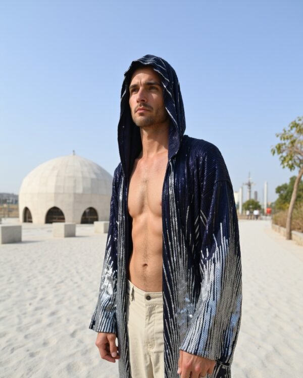 Midnight Silver Hooded Kimono with silver sequin cascade pattern by Byndwear