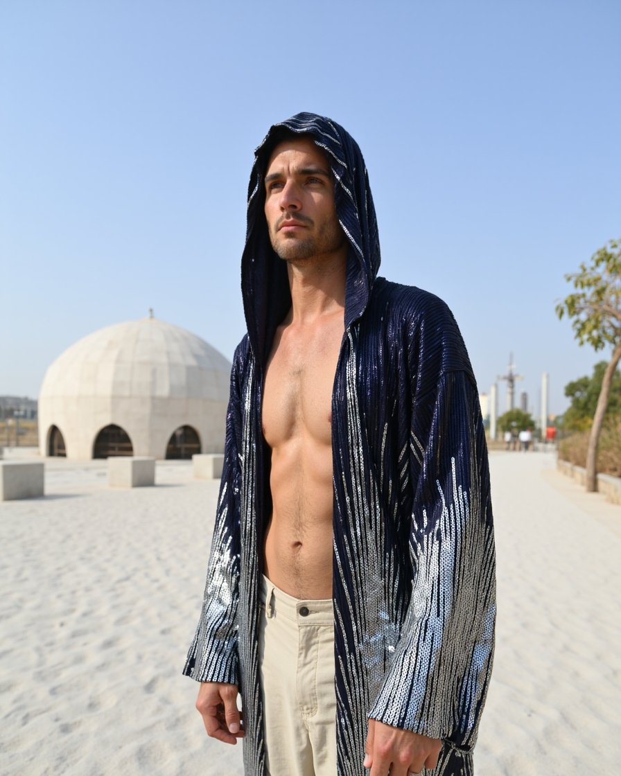 Midnight Silver Hooded Kimono with silver sequin cascade pattern by Byndwear
