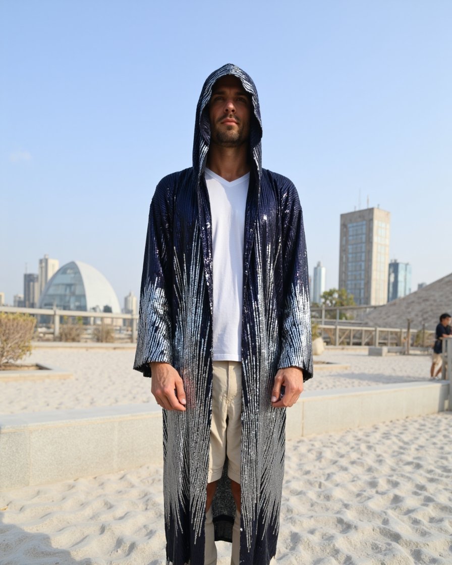 Kimono_Dark_Blue_8 Midnight Silver Hooded Kimono with silver sequin cascade pattern by Byndwear