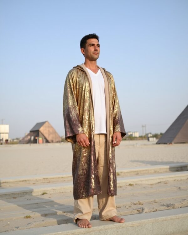 Golden Dusk Hooded Kimono with gold and rose-gold sequin gradient by Byndwear