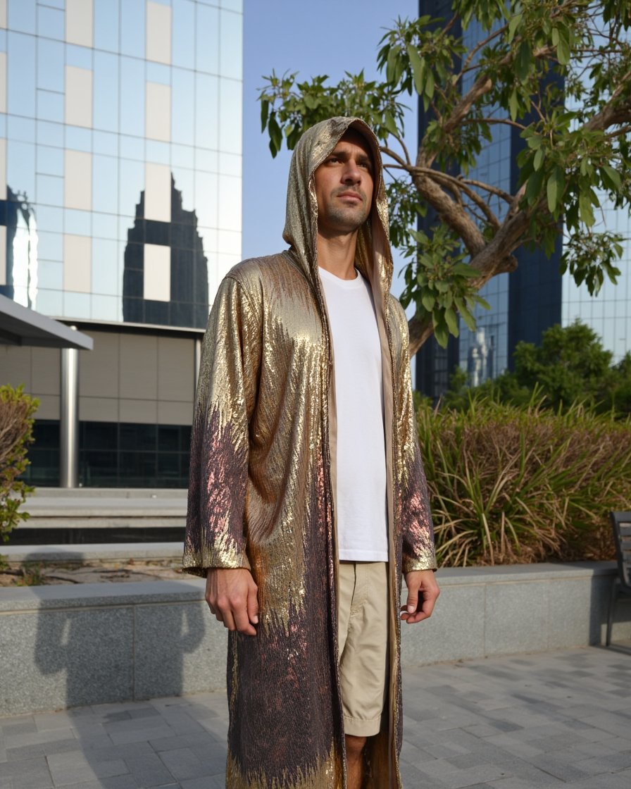 Kimono_Gold_Brown_3 Golden Dusk Hooded Kimono with gold and rose-gold sequin gradient by Byndwear