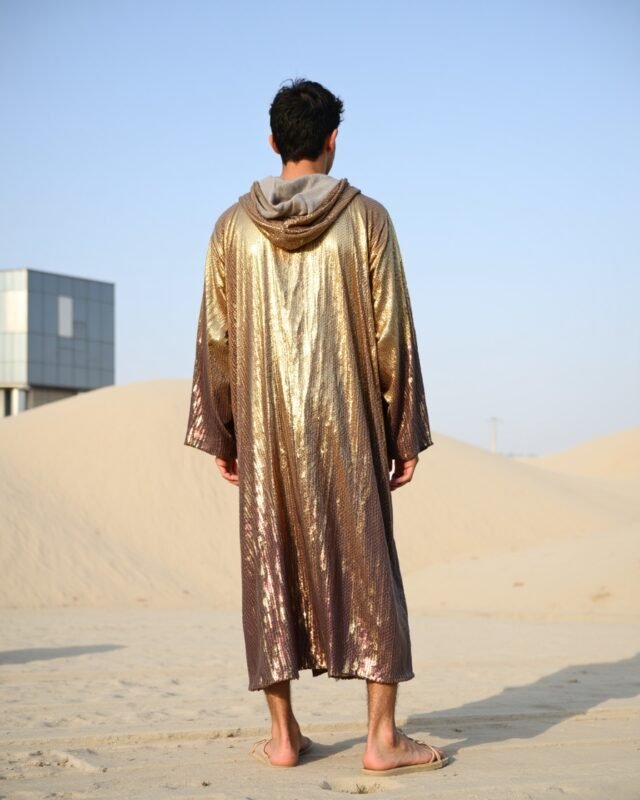 Golden Dusk Hooded Kimono with gold and rose-gold sequin gradient by Byndwear