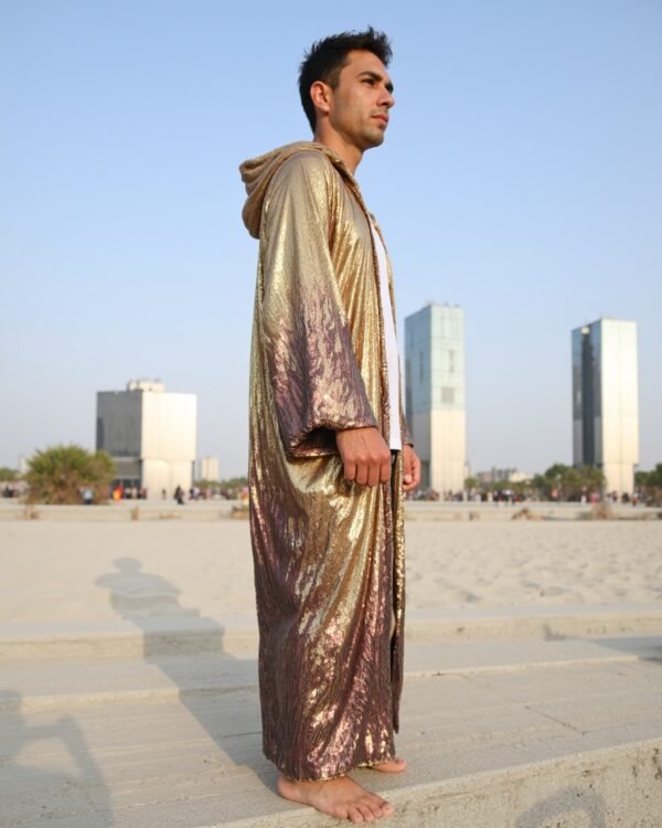Kimono_Gold_Brown_5 Golden Dusk Hooded Kimono with gold and rose-gold sequin gradient by Byndwear