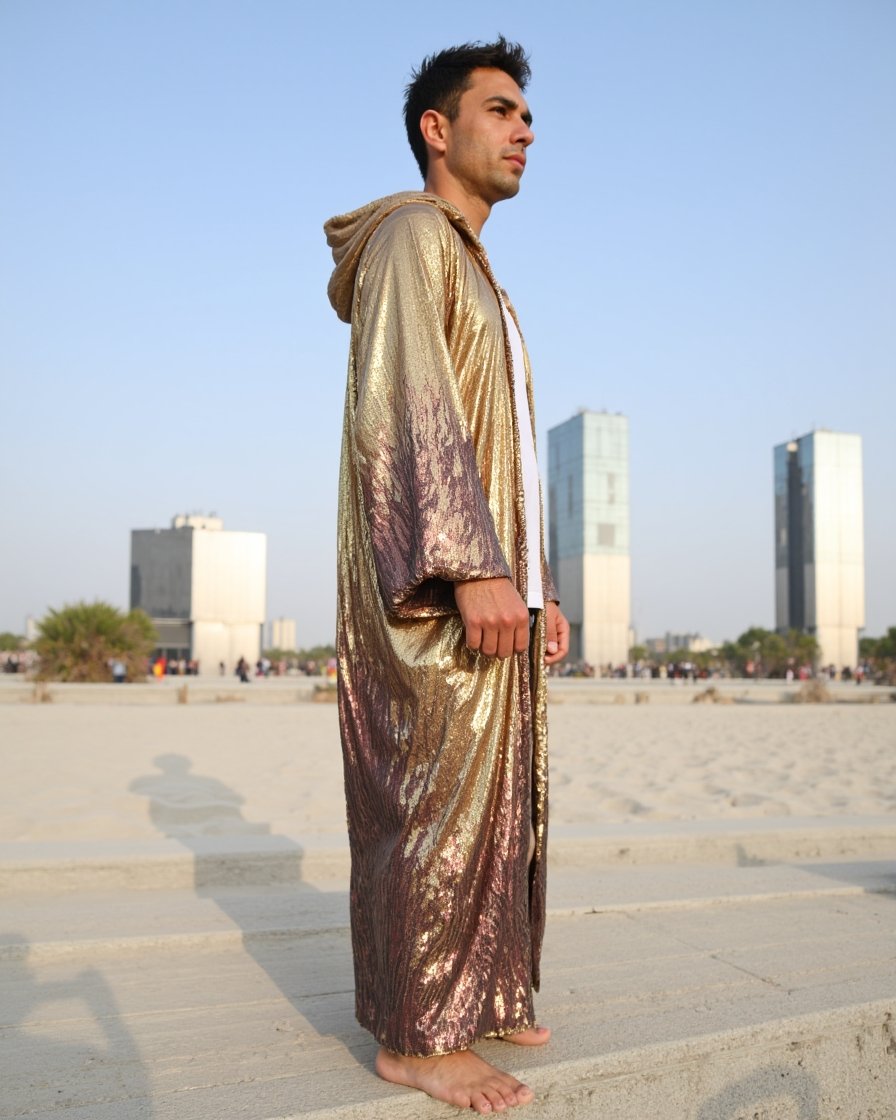 Kimono_Gold_Brown_5 Golden Dusk Hooded Kimono with gold and rose-gold sequin gradient by Byndwear