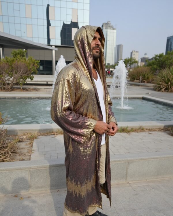 Kimono_Gold_Brown_6 Golden Dusk Hooded Kimono with gold and rose-gold sequin gradient by Byndwear