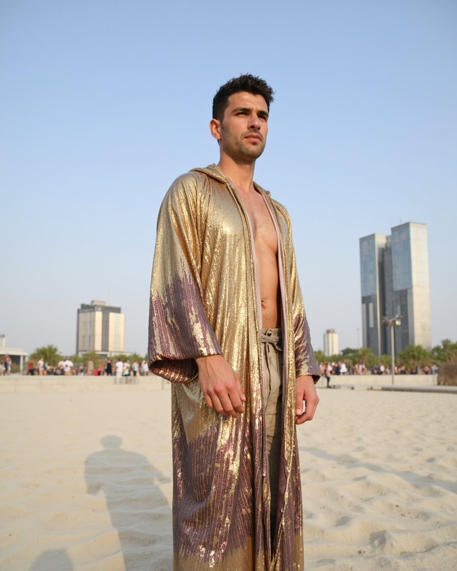 Golden Dusk Hooded Kimono with gold and rose-gold sequin gradient by Byndwear