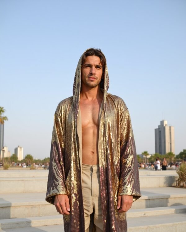 Kimono_Gold_Brown_9 Golden Dusk Hooded Kimono with gold and rose-gold sequin gradient by Byndwear