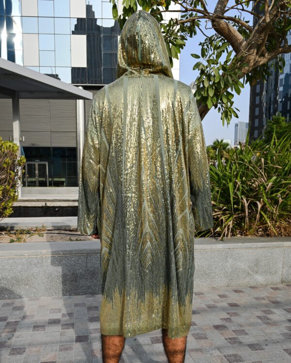 Kimono_Gold_Green_1 Sage Gold Mirage Hooded Kimono by Byndwear featuring sage green and champagne gold sequins