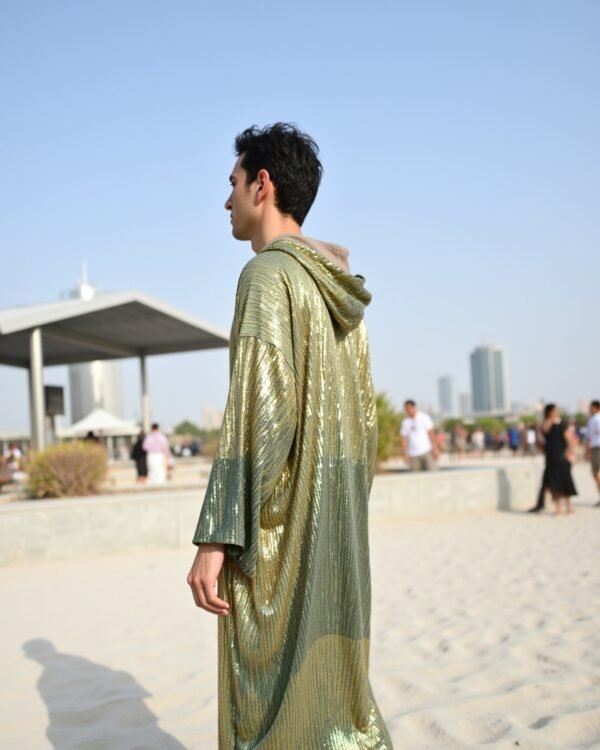 Sage Gold Mirage Hooded Kimono by Byndwear featuring sage green and champagne gold sequins