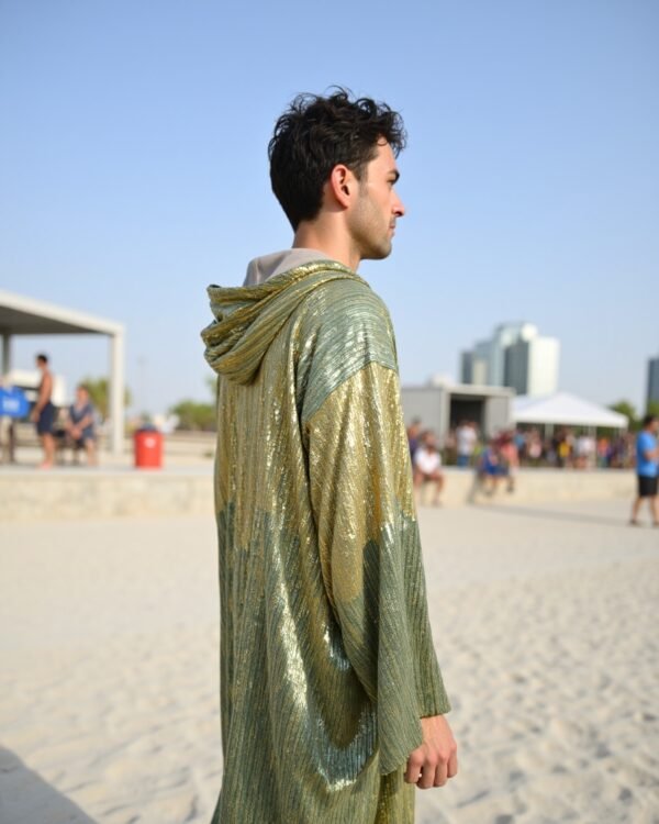 Sage Gold Mirage Hooded Kimono by Byndwear featuring sage green and champagne gold sequins